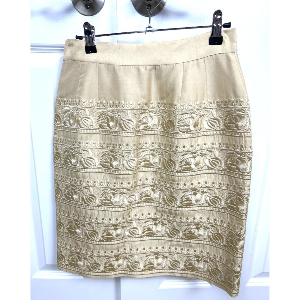 Anya Straight Pencil Skirt Women's Size 8 Silk Cream Floral Embroidered